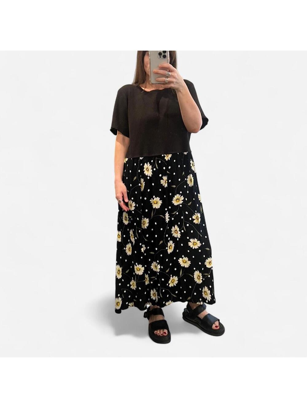 Vintage 90s Daisy Print Midi Dress Black Floral Babydoll